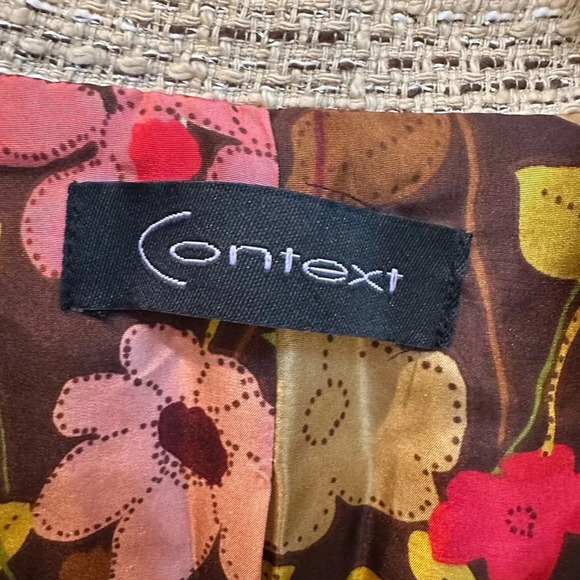 Context Tan Beige Gold Metallic Tweed Blazer Jacket Floral Lining Size 14 - Picture 12 of 15